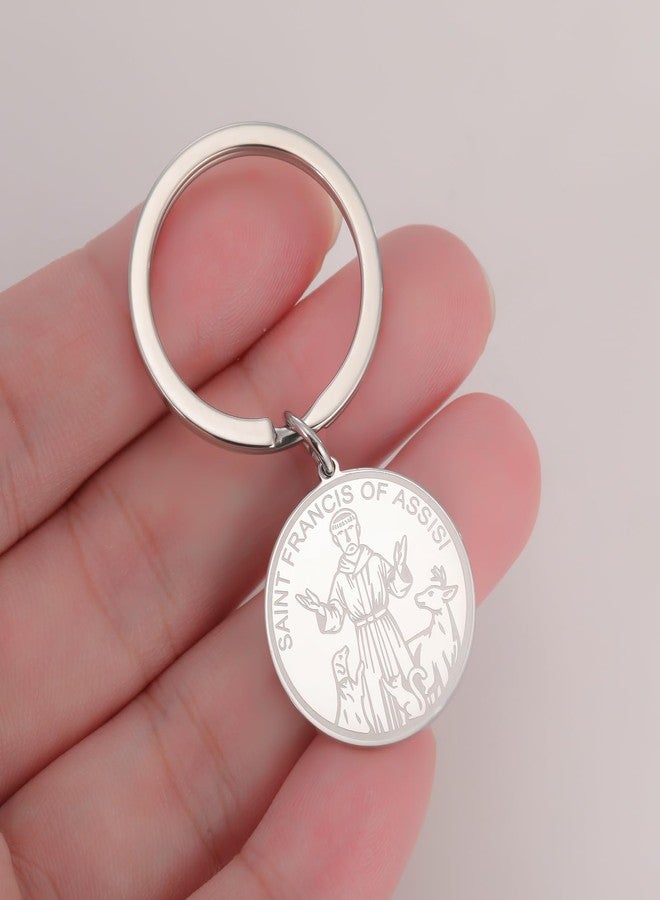 TEAMER Saint Francis of Assisi Keychain Protection Cat/Dog Tag Medal Pendant Patron Francis Pet Amulet Medal Catholic Jewelry (Silver) - Image 2